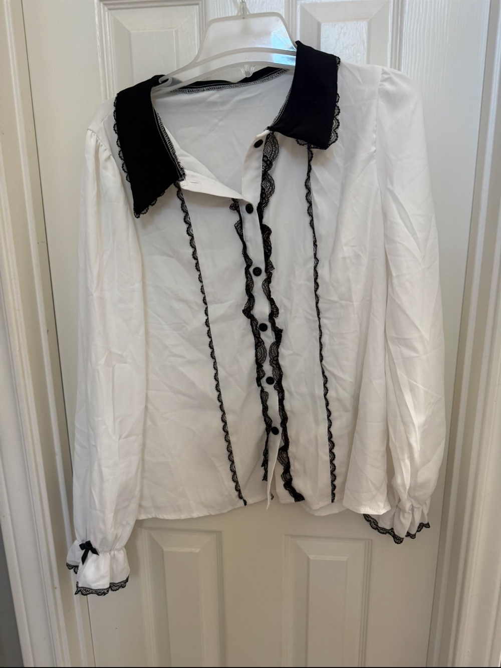 ROMWE White Blouse with Black Lace Trim